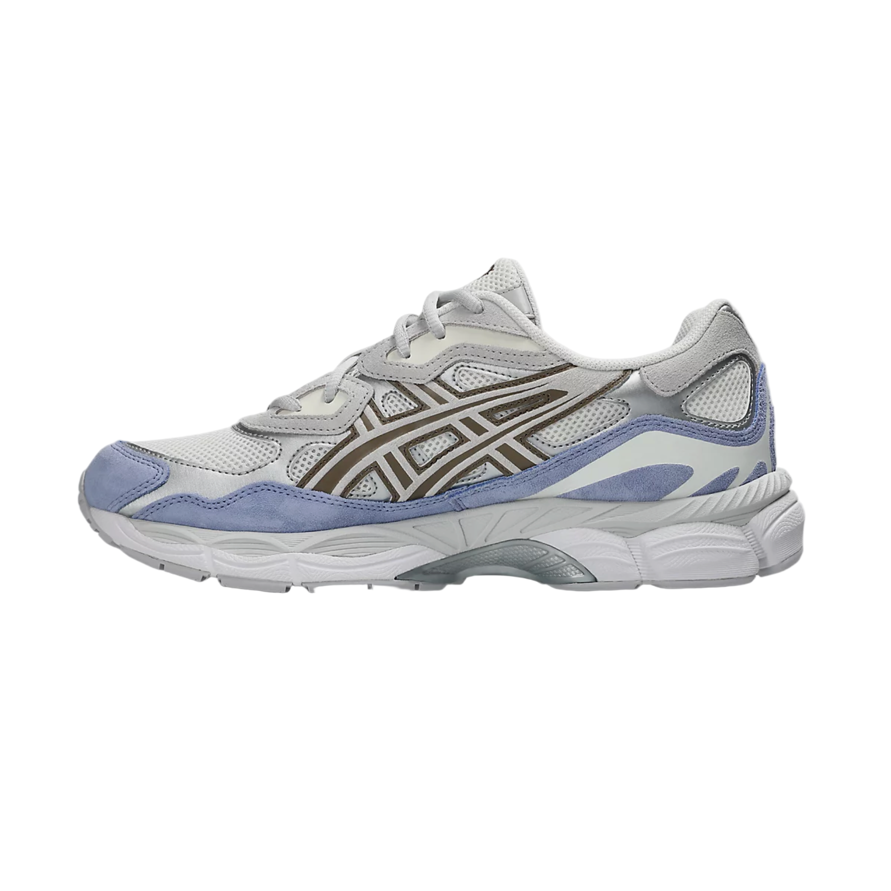 White and gray running shoe with blue accent on a white background